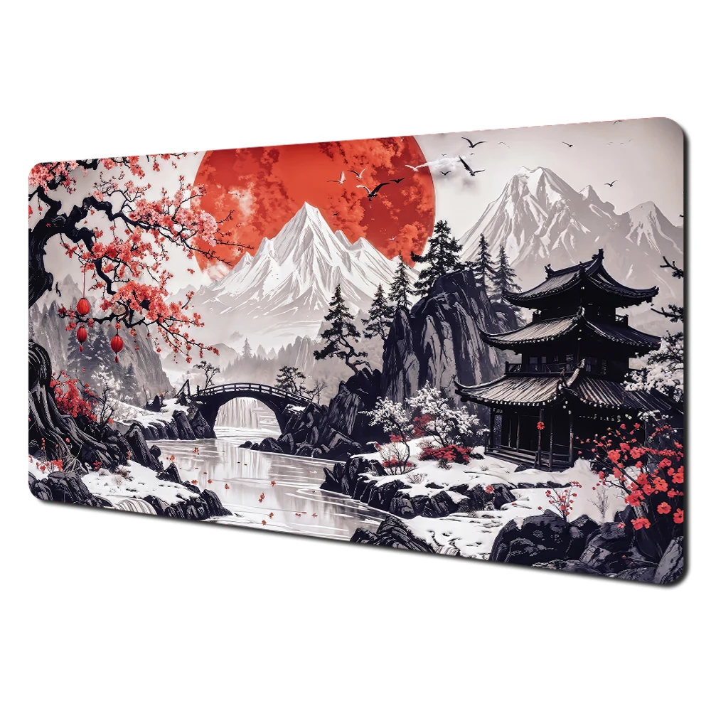 Mount Fuji Cherry Blossom Art Large Desk Mat - Stitched Edge Non-Slip Durable MousePad