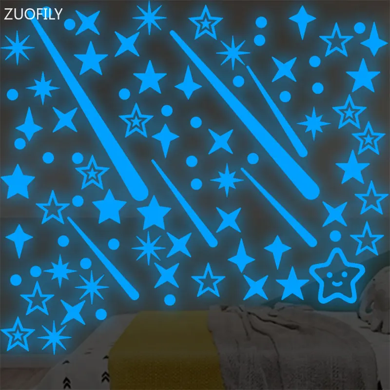Blue Luminous Dots Moon Shooting Star Wall Stickers for Children's Room Bedroom Home Decor Fluorescent Glow in the dark Decals