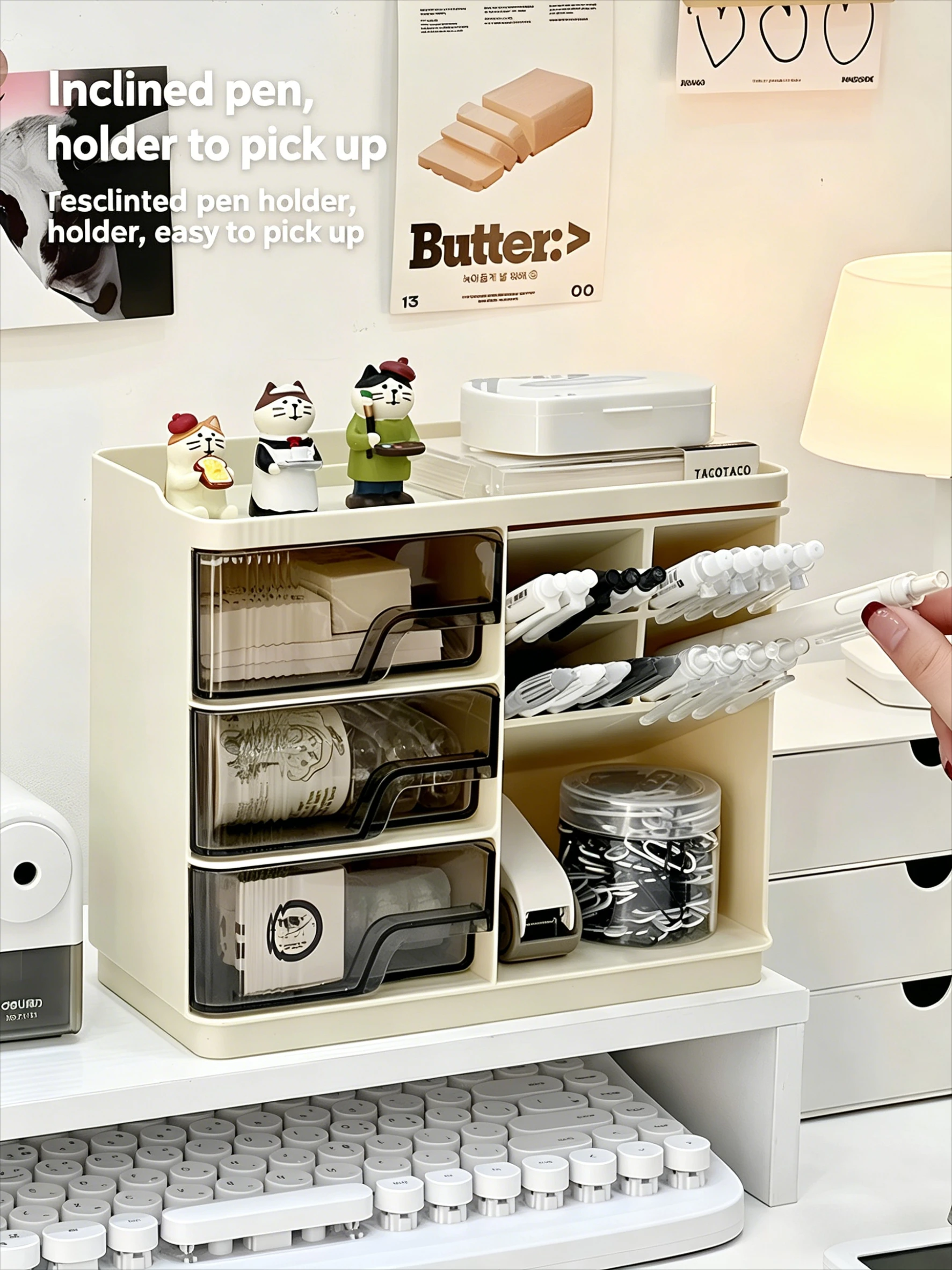 Organizer da Scrivania con Cassetto, Portapenne Inclinato, Scaffale Multifunzionale per Ufficio, Organizzatore di Cancelleria, Forniture per Studenti - immagine 4