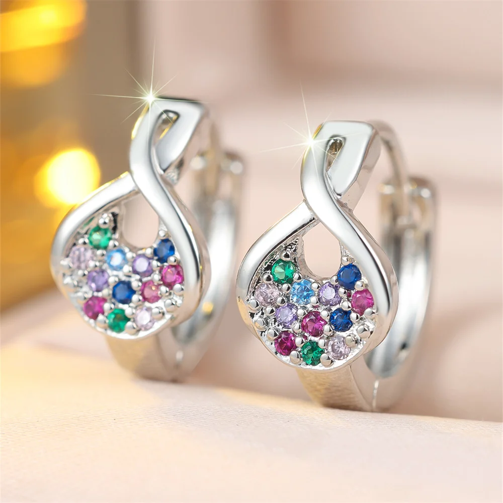 Geometric Crystal Small Stone Rainbow Hoop Earrings For Women Vintage Gold Silver Color Ear Buckle Wedding Jewelry Bridal Gifts