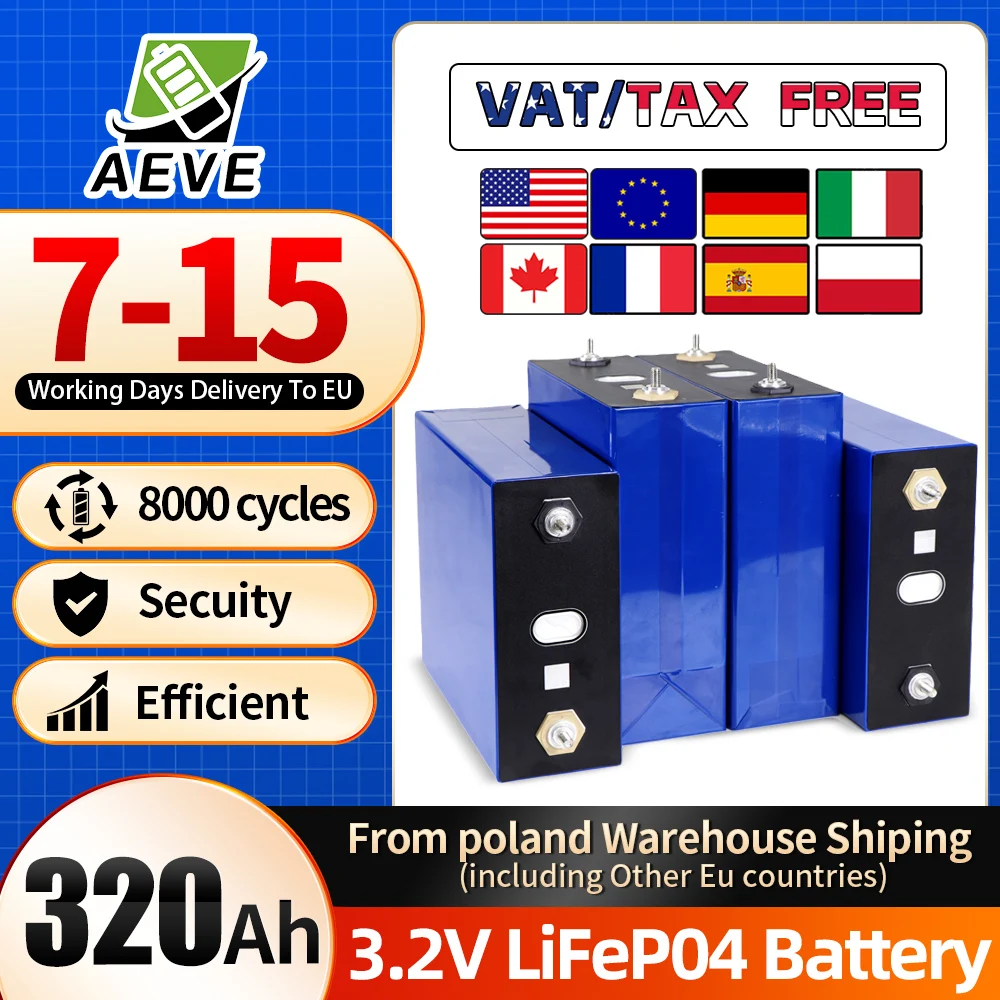 Rechargeable Lithium Batteries 8000 Cycles Grade A 320Ah LiFePO4 Battery 3.2V Lithium Iron Phosphate Rechargeable Cell DIY 12V 24V 48V RV EV Golf Cart Solar