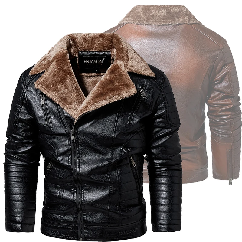 

Leather Jacket Men Winter Fleece Motorcycle PU Leather Jacket Mens Lapel Casual Windbreaker Ropa De Hombre Slim Coat 6XL