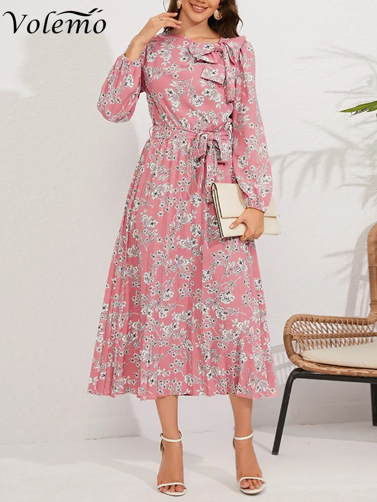 

2023 Autumn New Mid Length Pleated Long Sleeve Fragmented Flower Print Retro Ice Silk Wrinkle Lacing Bow Dress Women's Clothing
