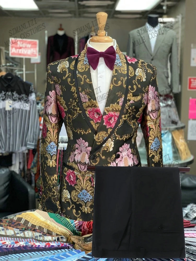 

SZMANLIZI 2022 New Fashion Groom Floral Jacquard Men Suits Tuxedos Terno Masculino Formal Wedding Party Groomsman Costume Homme