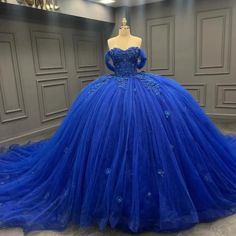 

Blue Lace Appliques Quinceanera Dresses Ball Gown Birthday Gowns Off The Shoulder Beads Tull Corset Sweet 16 Dresses vestidos de