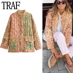 TRAF Print Woman's Quilted Jacket Vintage Padded Coat Woman Long Sleeve Winter Women's Cold Coat 2023 Streetwear Oversize Jacket
