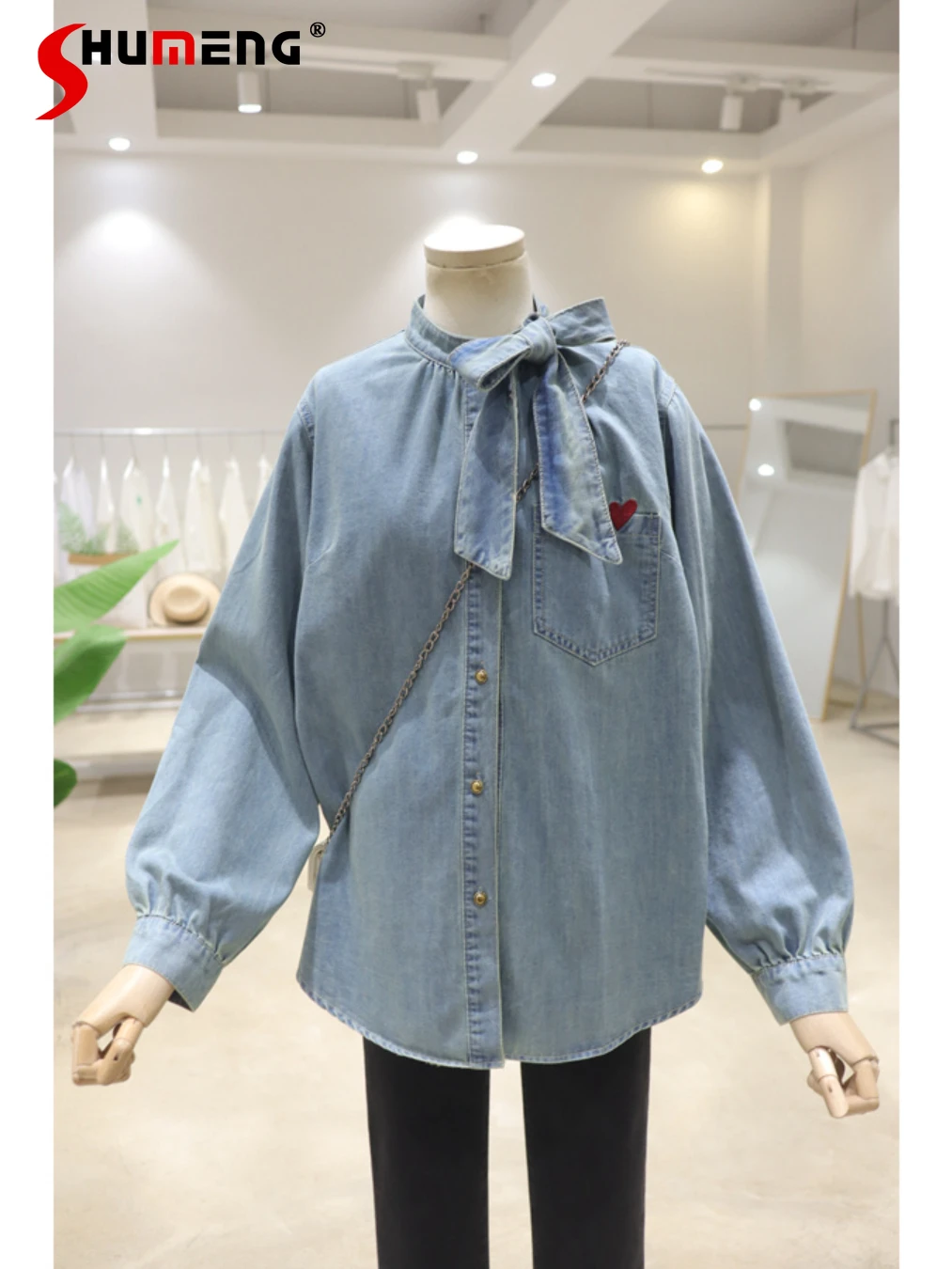 

Fashion Bowknot Lace-up 2024 Women's Clothes Early Spring New Loose Comfortable Denim Shirts Slimming Long Sleeves Denim Shirt