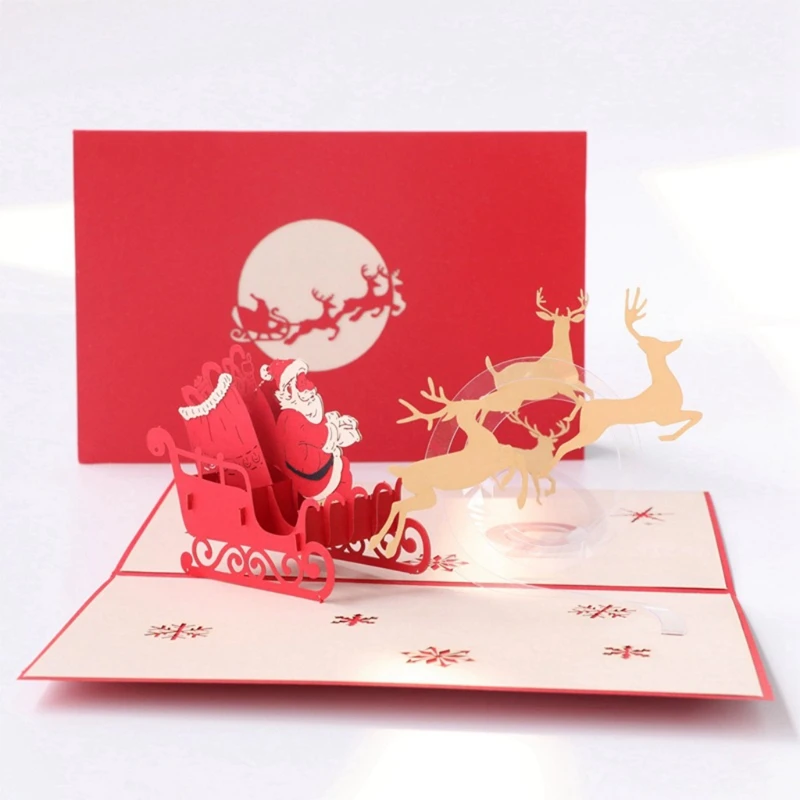 

Merry Christmas Greeting Card 3D for Pop Up Card with Envelope Xmas Santa Elk Sled Postcard Party Invitation Decoration F0T6