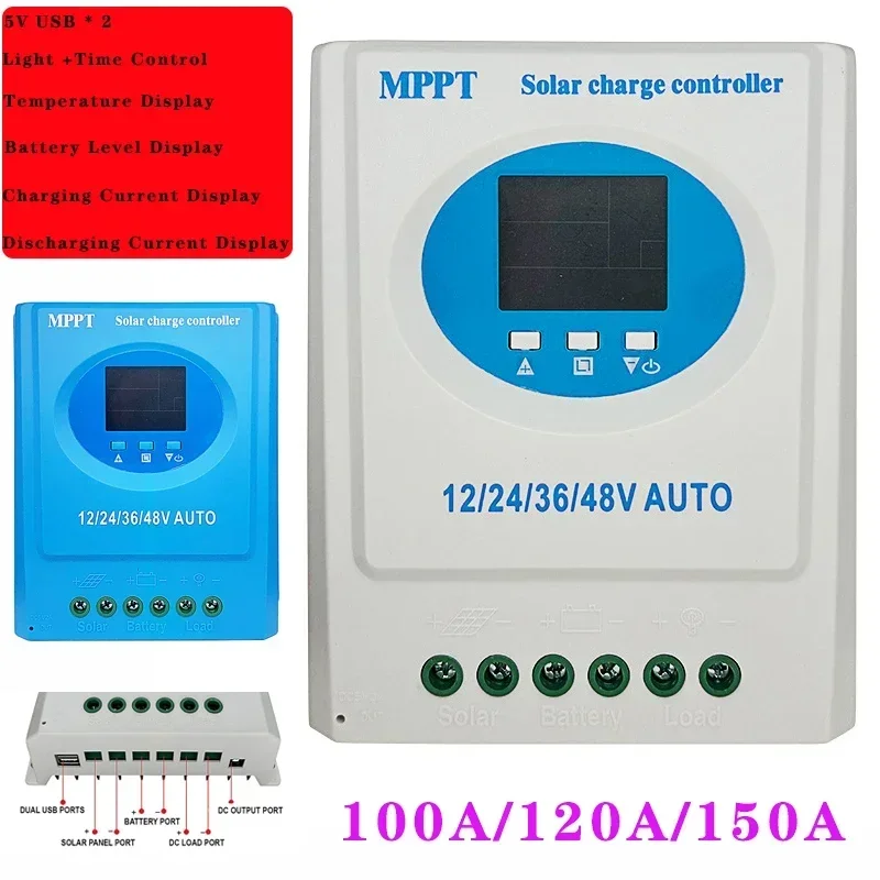 100A 120A 150A MPPT Solar Charge Controller 12V 24V 36V 48V Panel Intelligent Regulator for Off Grid Battery Charging Dual USB solar battery charge controller