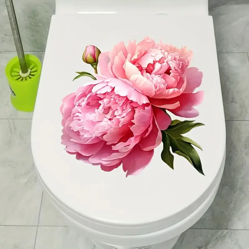 Blooming Pink Peony Toilet Sticker Bathroom Home Decoration Wall Sticker Decoration Sticker For Door Refrigerator Window