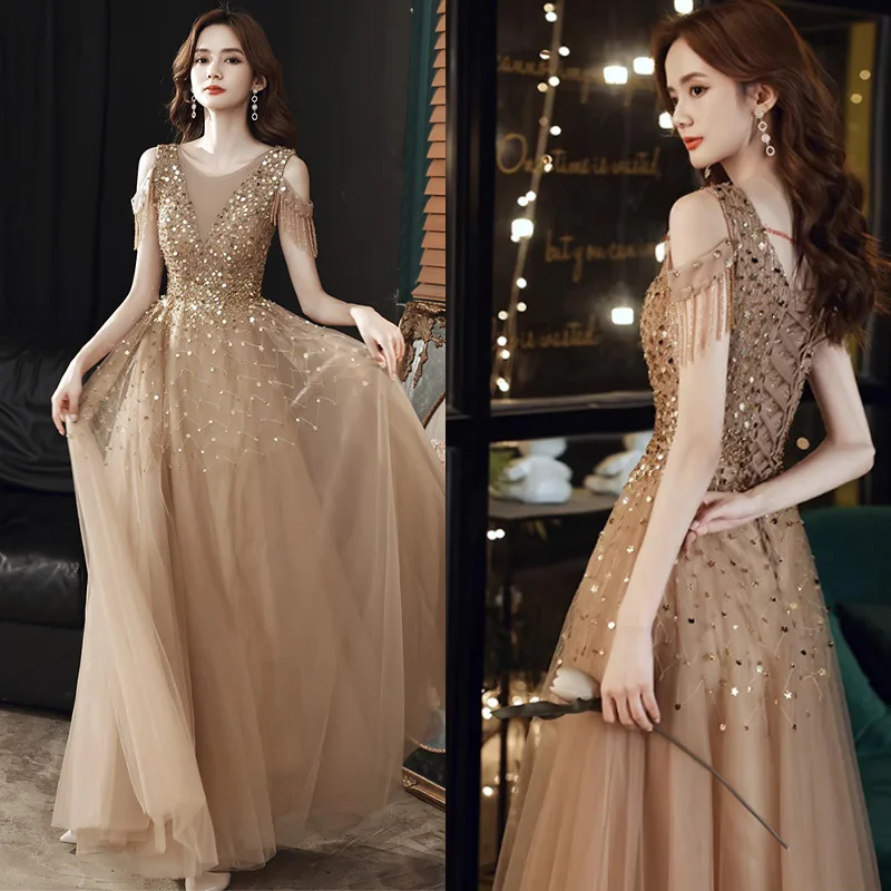 

It's Yiiya Tassel Short Sleeves A-Line Tulle Champagne Sequins O-Neck Pleat Floor-Length Formal Dress Dress Woman Party A2913