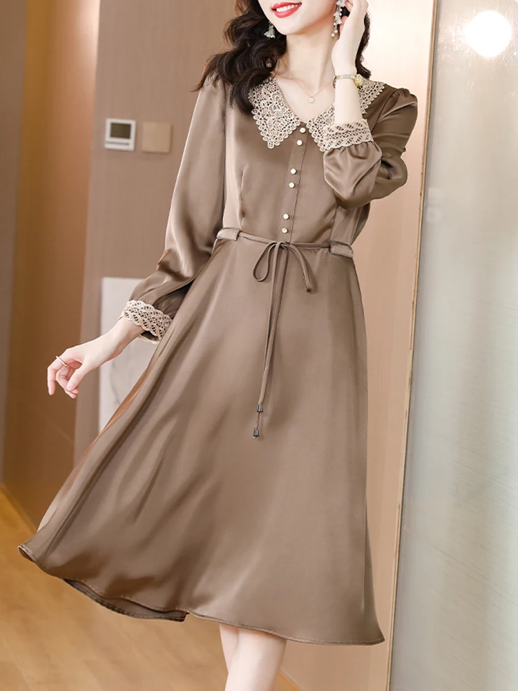 

Autumn Women Vintage Silk Long Sleeve Dress 2022 Fashion Midi Tunics Solid Color Korean Chic Casual Party Bodycon Evening Dress