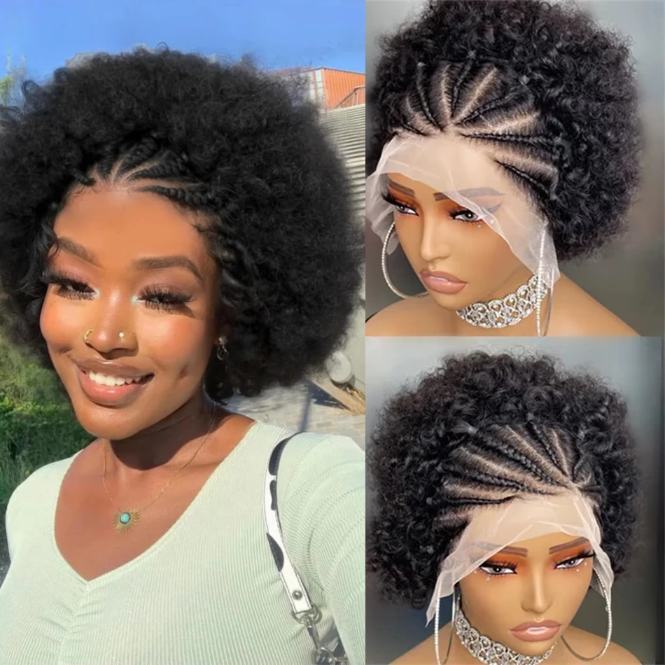 13x4 Lace Front Afro Short Curly Wig Human Hair Precolored Front Braided Afro Curly Human Hair Wig Brazilian Bouncy human hair wig