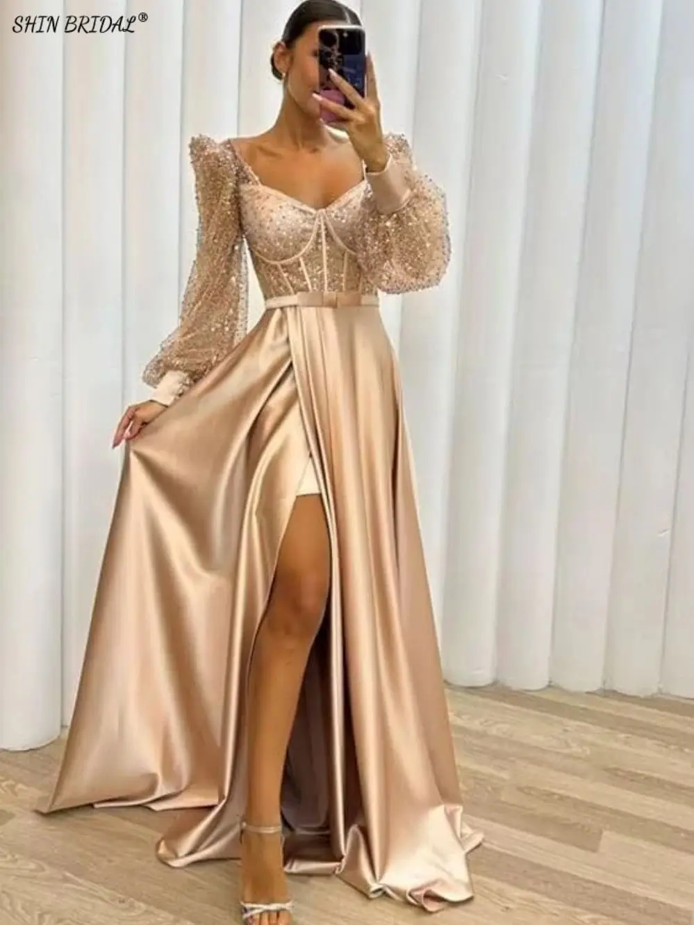 

SHIN BRIDAL Stain Sequin Sleeves Evening Dresses for Women Sparkly A Line Bridesmaid Dress Floor Length Backless Wedding Dresses