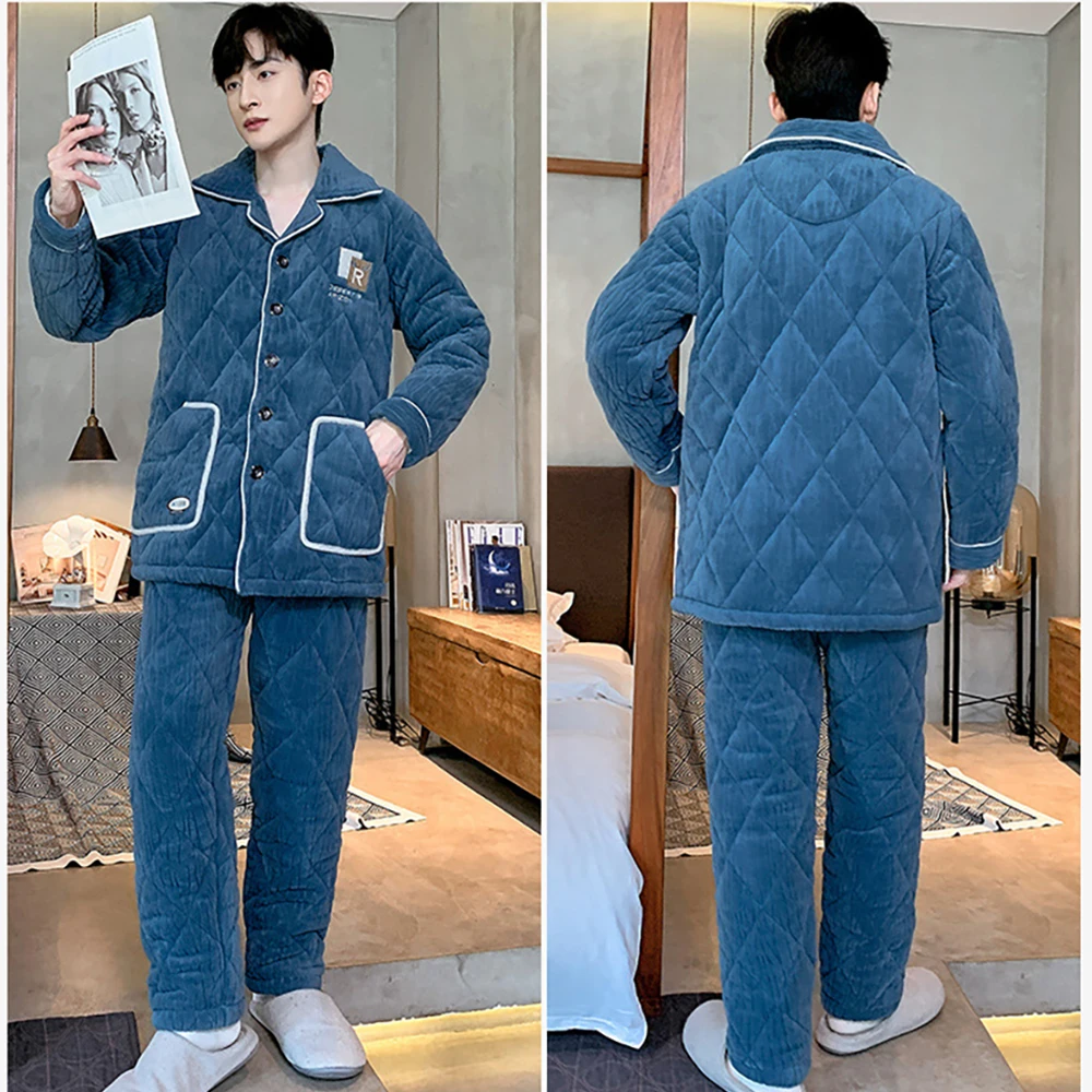 French Style 3-Layer Super Thicken Flannel Winter Sleepwear for Sleeping Warm Plush Men Pajama 3XL Loose Solid Plaid Pajamas Set