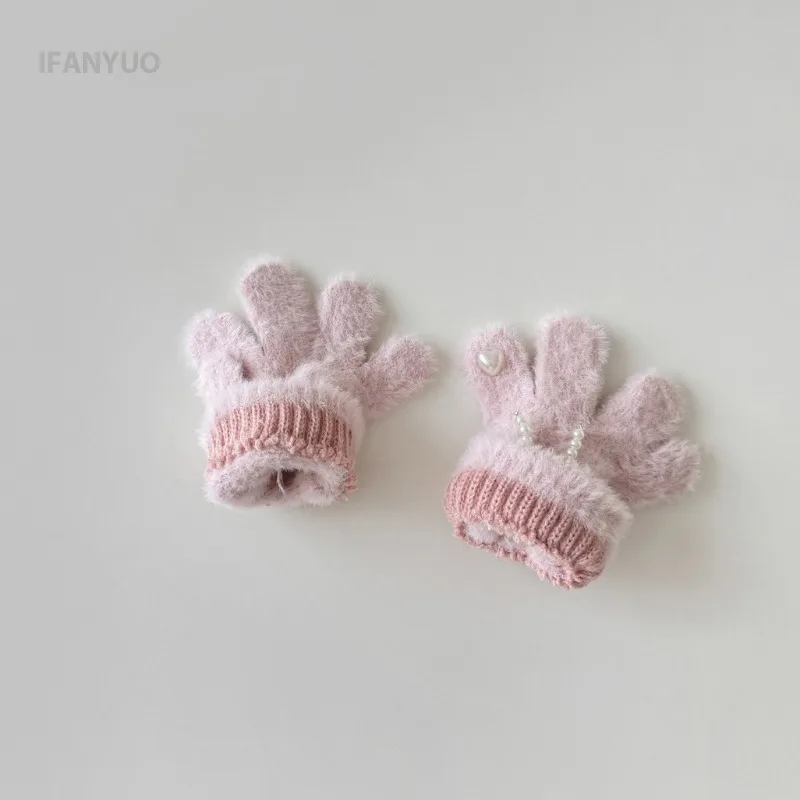 Children Gloves 3-8Years Autumn Winter Windproof Warm Knitted Plush Cartoon Pearl Bow Girls Love