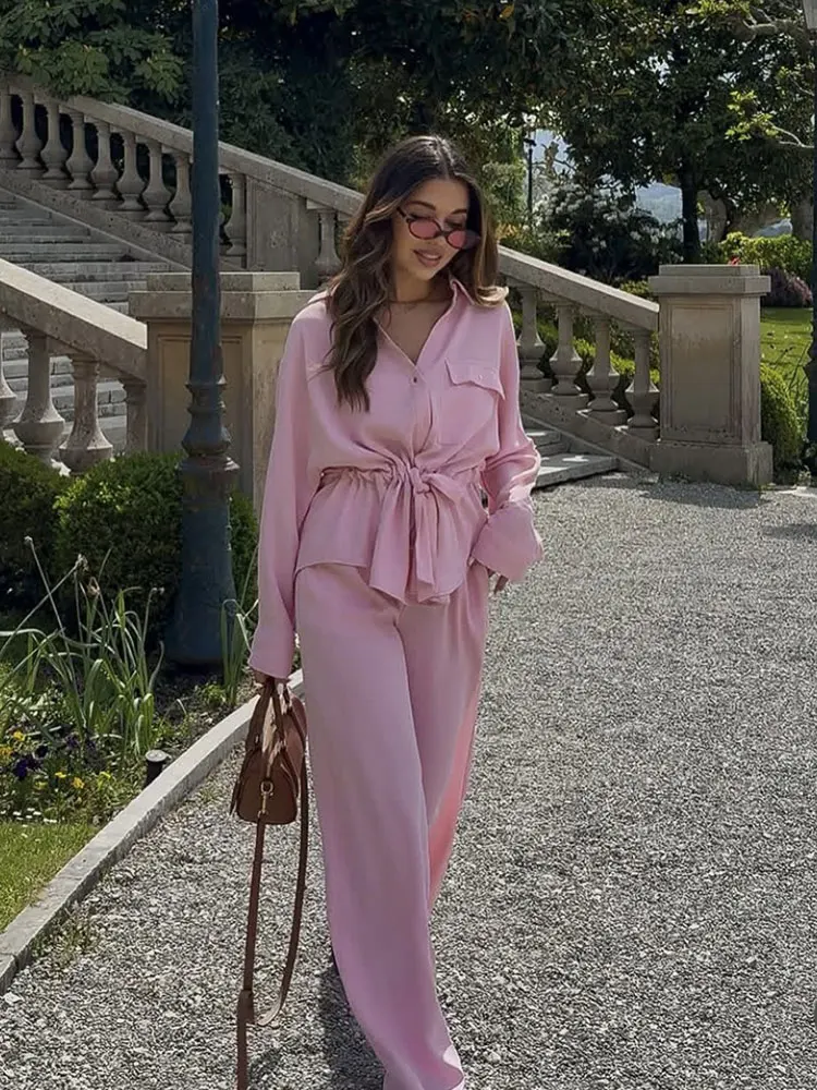 HH Women Elegant Pink Blouse Pants Sets Single Breasted Lapel Shirt With Lace-up Elastic Waist Trousers High Street Outfits