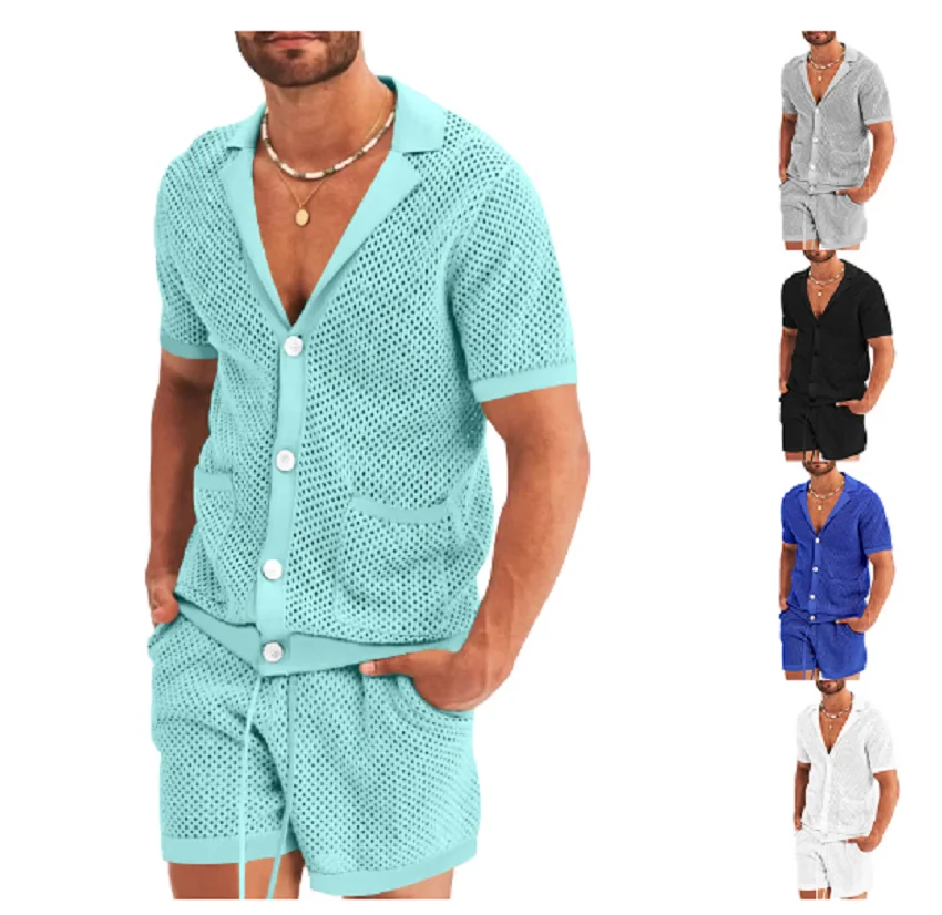 Men's Summer Suit Mesh Knitted Casual Sports Lapel T-Shirt Short Sleeve Solid Color Beach Suit Men's Full Set children s board shoes 2023 new girls fashion rhinestone mesh casual soft sole sports shoes children s breathable casual shoes