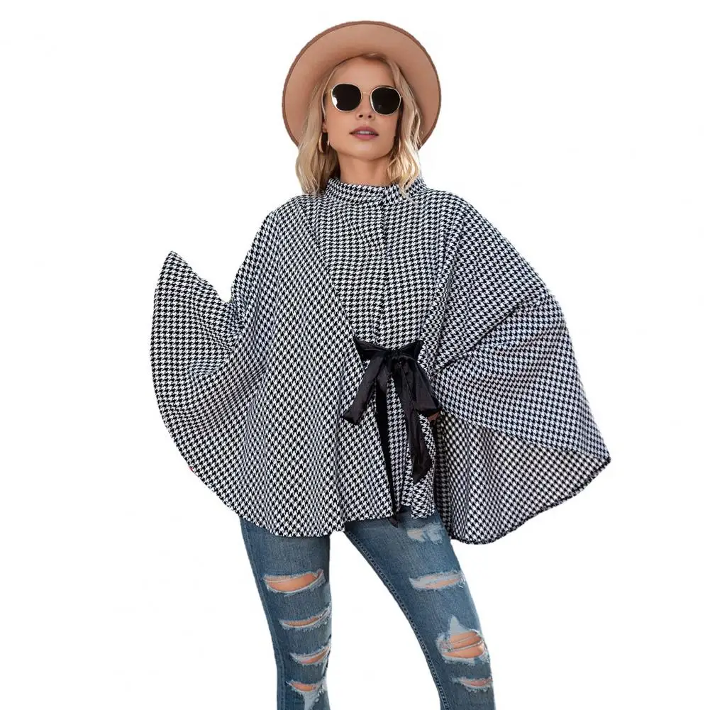 

Women Black White Coat Houndstooth Lace-up Cape Stylish Women's Winter Poncho Round Neck Cape Coat