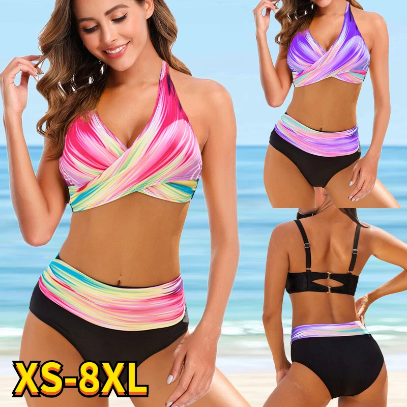 2022 Women Sexy High Waist Bikini Set Female Plus Size Rainbow Print Swimsuit Tankinis Summer Brazilian Plus Size Beach Swimwear цена и фото