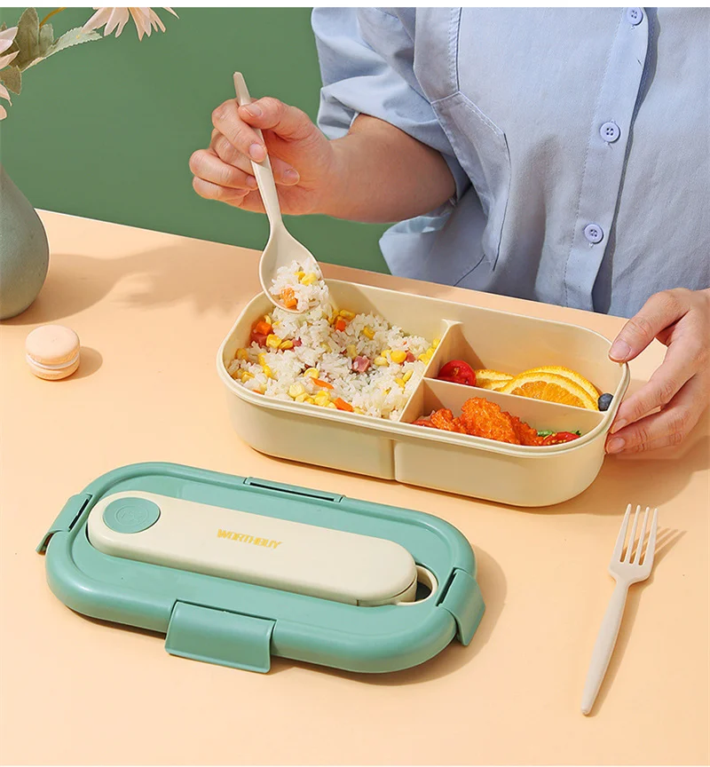 

Portable Plastic Leak-proof Lunch Box 3 Compartment Bento with Chopsticks Spoon Microwavable Food Storage Container for School