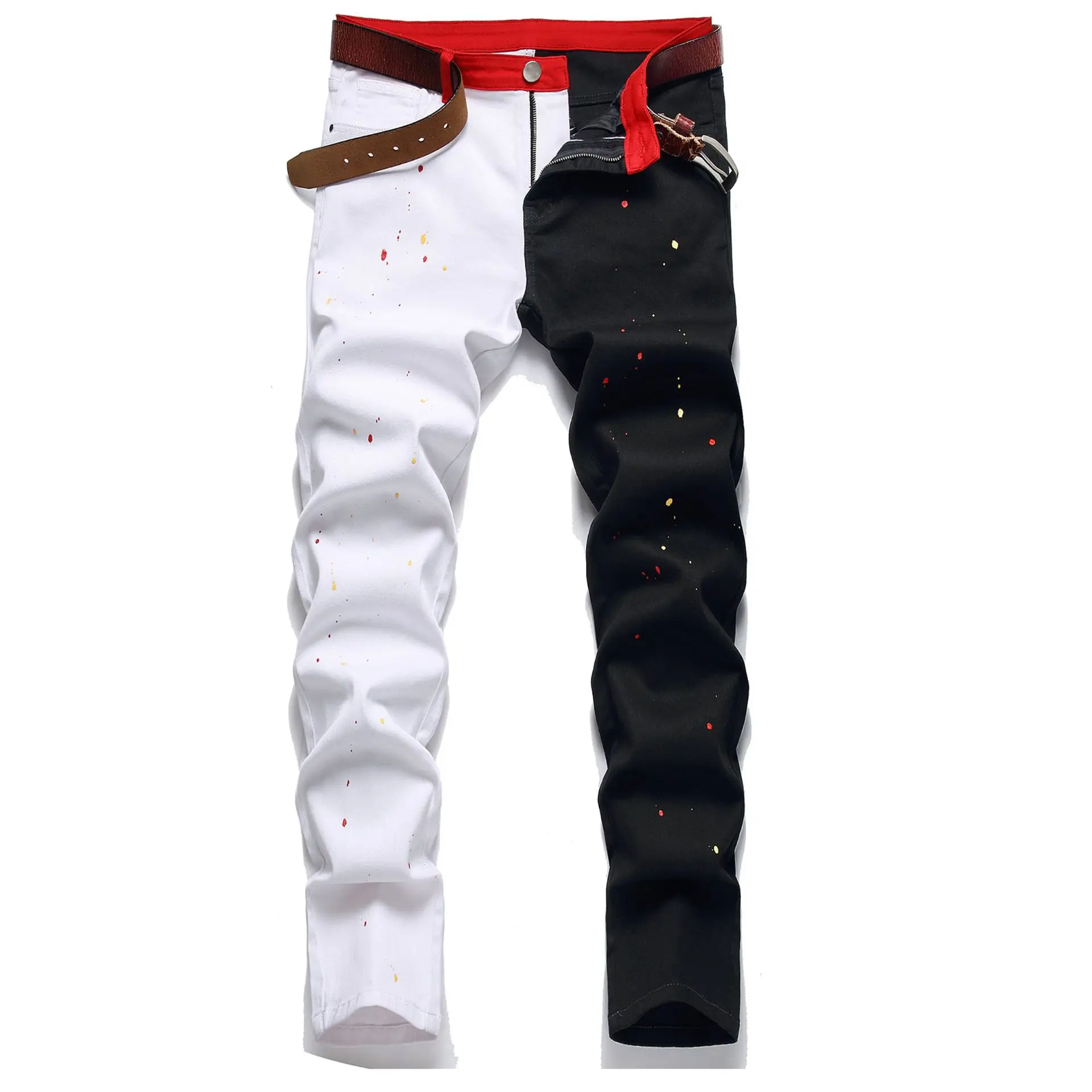 New Men 2022 American Style Fashion Stitching Two-color Yellow and Red Trend Stretch Jeans Male Trousers Denim Pants 5