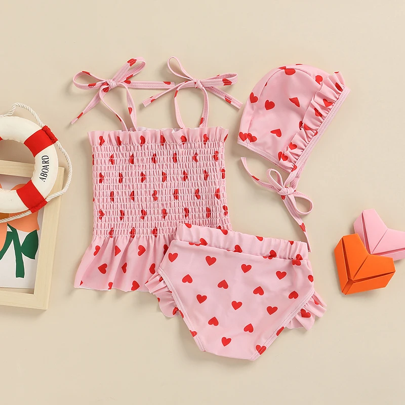 Baby Girls Swimwear Bikini Set Heart Print Tank Tops Shorts Hat for Toddlers Infants 0-24M 3Pcs children swimwear