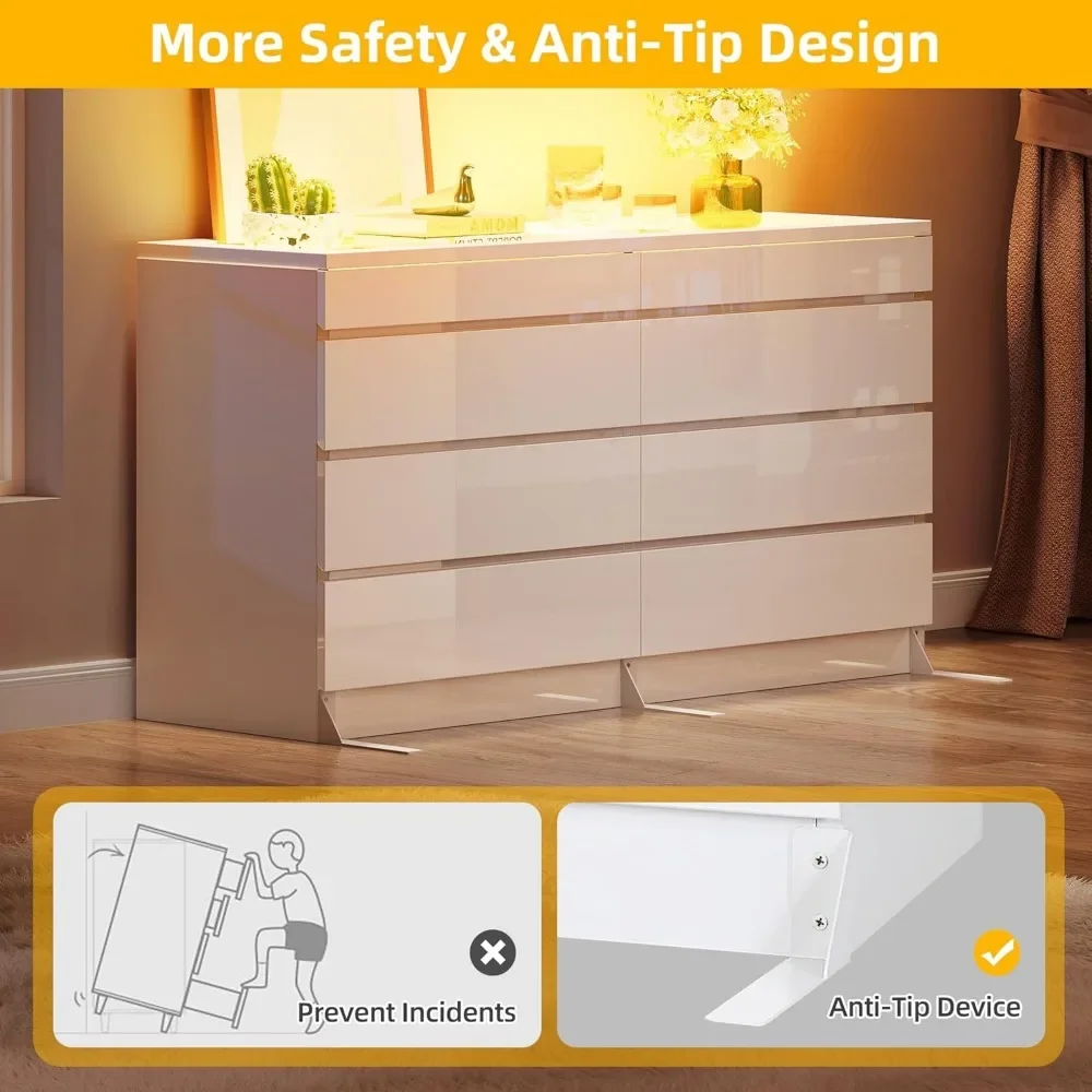 8 Drawer Dresser w LED,White Dresser, 8 Chest of Drawers w Deep Drawers Glass Top High Gloss Surface,Storage Organizer Cabinet 5