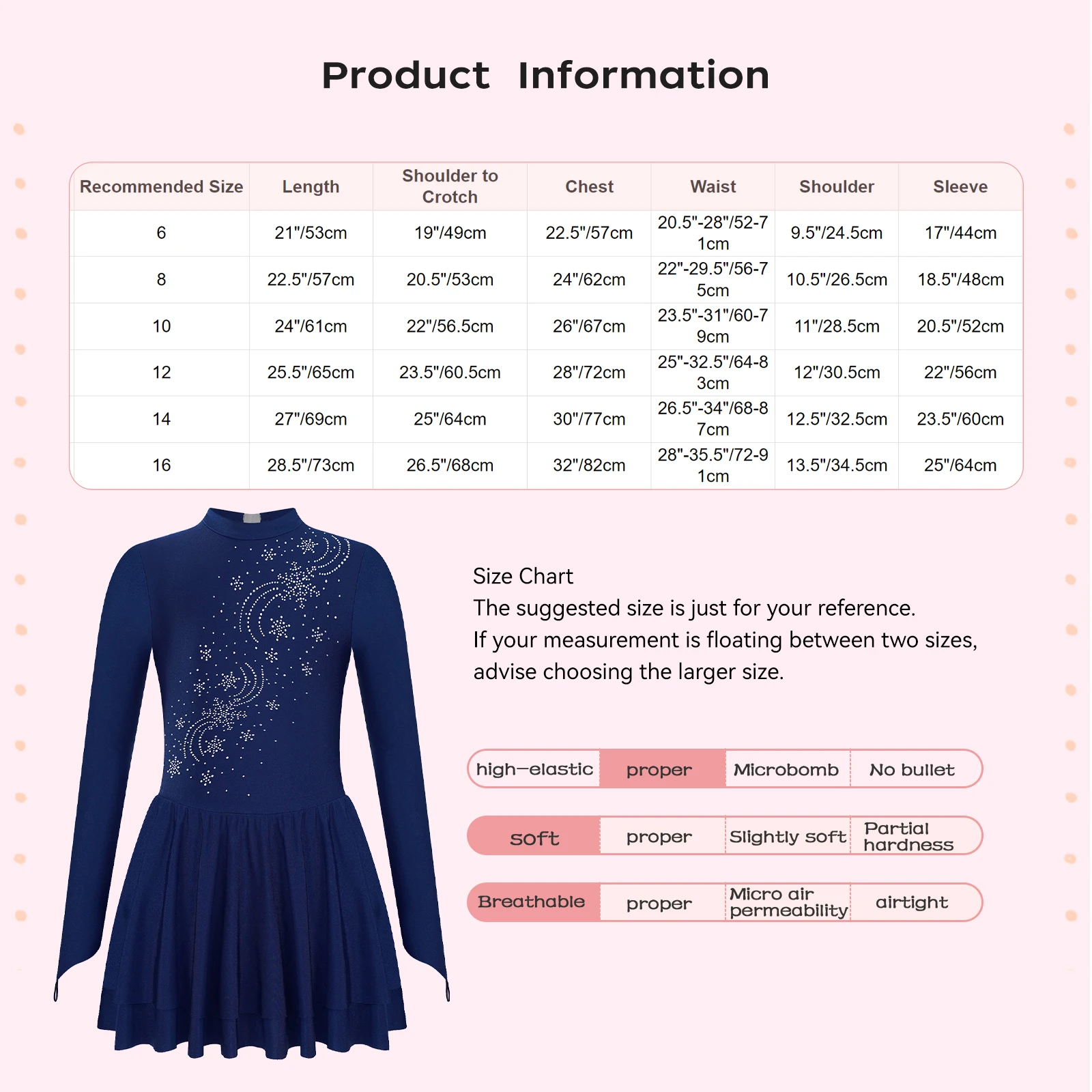 TiaoBug Kids Girls Figure Skating Dance Dress Costume Rhinestones Snowflakes Long Sleeve Keyhole Back Dresses for Performance