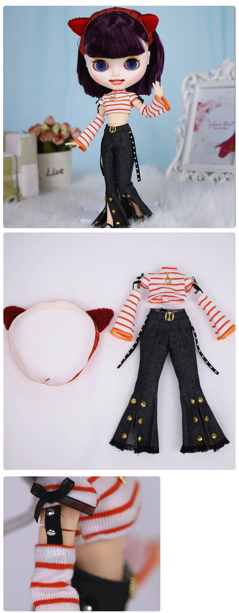 Neo Blythe Doll Top Crop with Jeans Pant & Cat Headdress 1