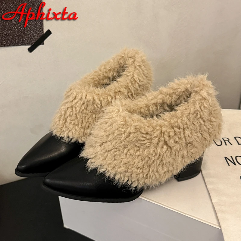 Aphixta Plush 7cm Chunky Heel Pumps Pointed Toe Curl Hair Warm Winter Shoes Women Bold and Versatile