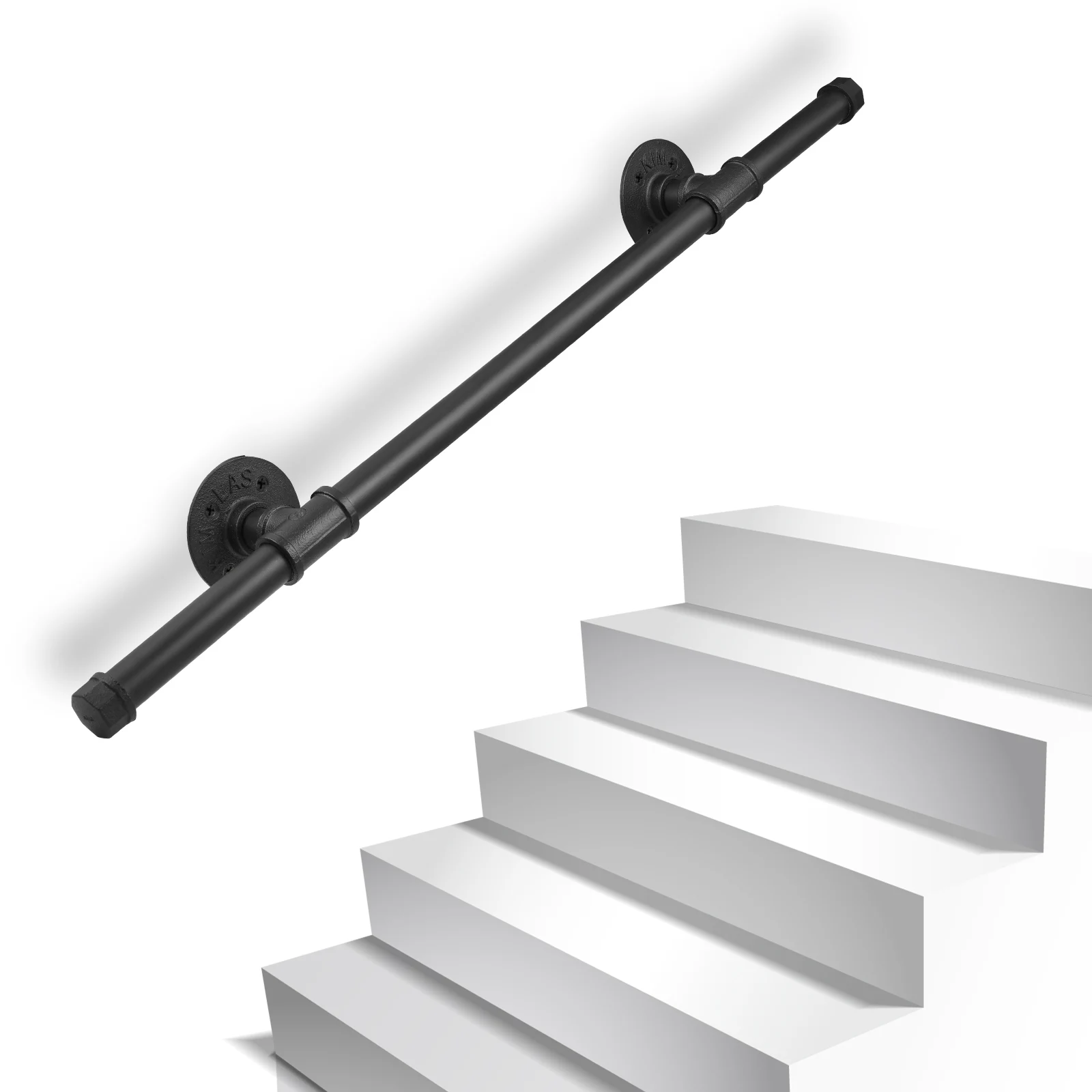 3.3FT Wall Mount Industrial Iron Loft Stair Handrail Stainless Steel Black Pipe Rail Indoor Stairway 110lbs Load Capacity