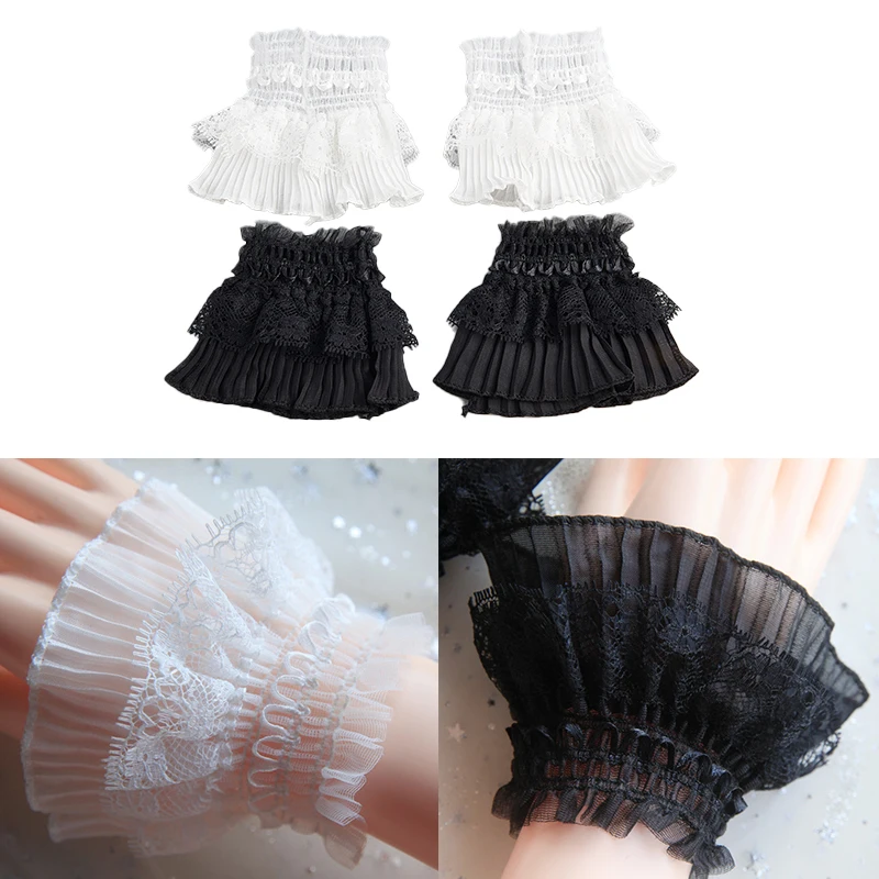 Ladies Removable Fake Cuffs Women\'s Lace Thin Pleated Flared Sleeve Ruffle Wristlet Sweater Top Wristlet Sleeve Cover