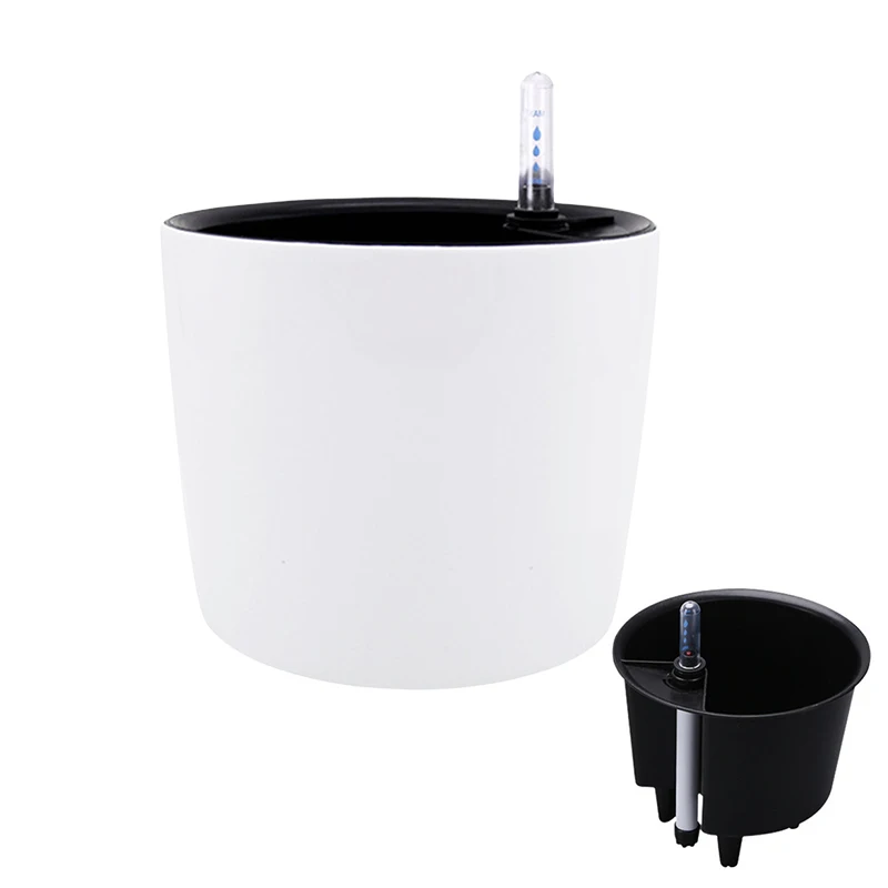 

Round Plastic Flower Pot Water Storage Lazy Flowerpot with Water Level Gauge Meter Balcony Office Desktop Decoration Planter