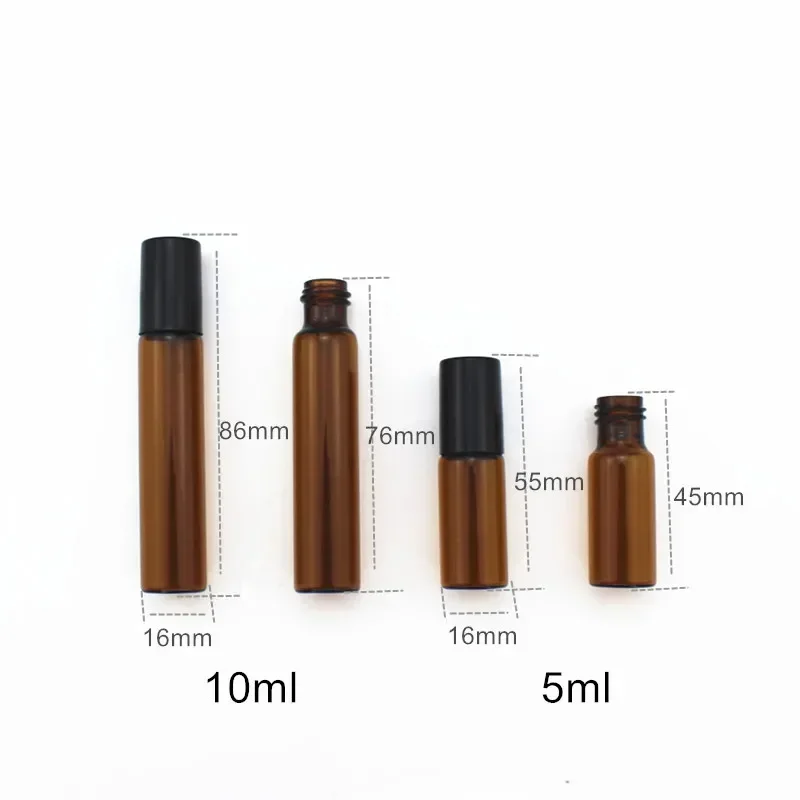 50pcs/lot 5ML 10ML Amber Glass Perfume Bottle Empty Roll On Bottles Roller Ball Essential Oil Vials Refillable