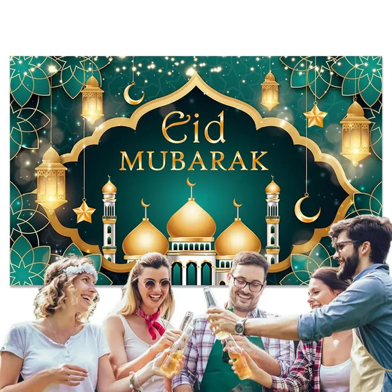 

Large Eid Banner Eid Background Party Decorations 70.87 X 45.28 Inch Fabric Eid Backdrop Green Festival Lights Castle Curtain