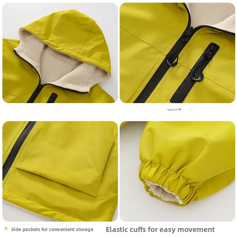 남아용 캐주얼 플리스 안감 방수 재킷 양면 착용 가을 겨울 코트 7-16세 어린이용 폴리에스터 섬유