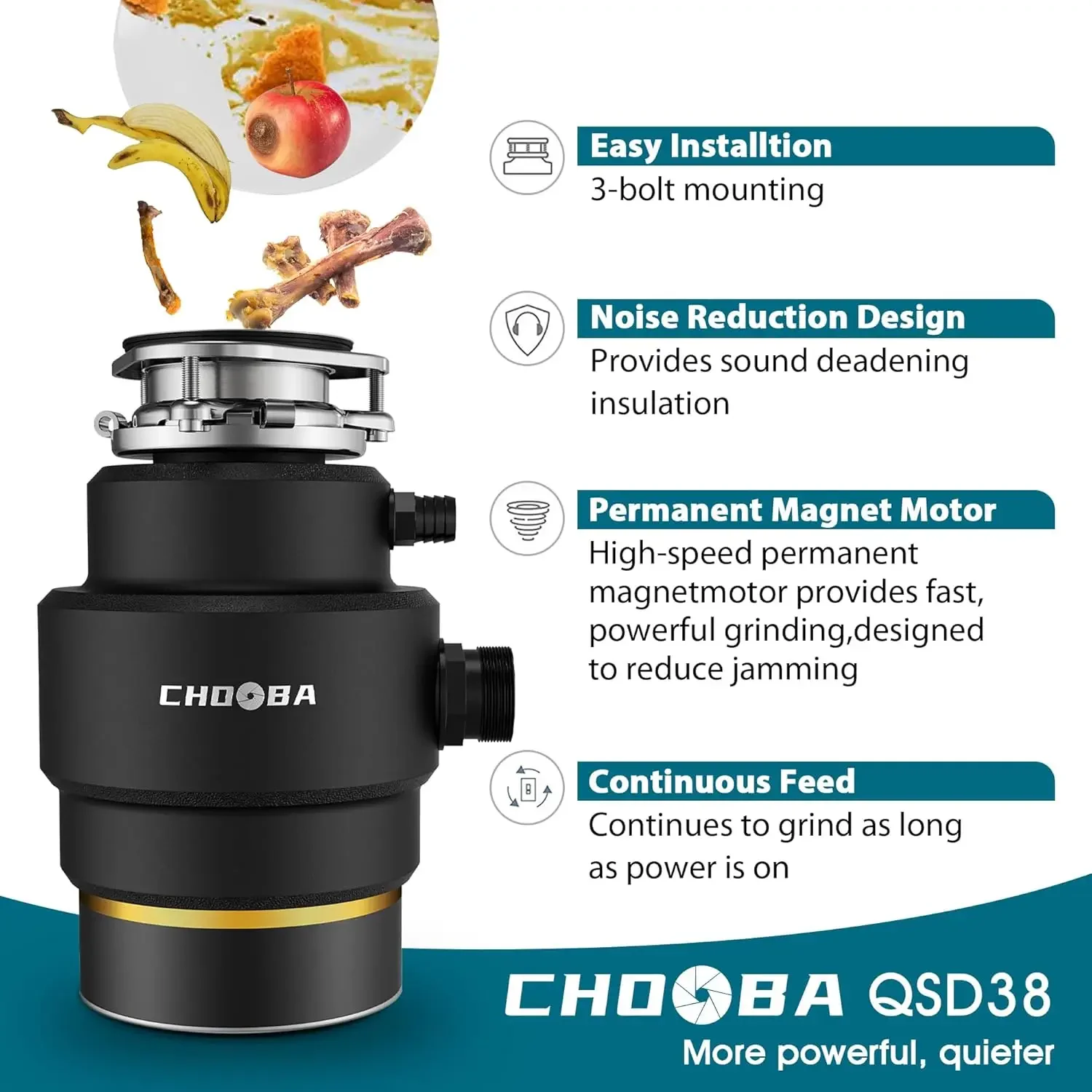 Food Waste Disposal Continuous Feed, Kitchen Garbage Disposal with Dishwasher Connection & Plug, Power Cord Included, Matte Blac 5