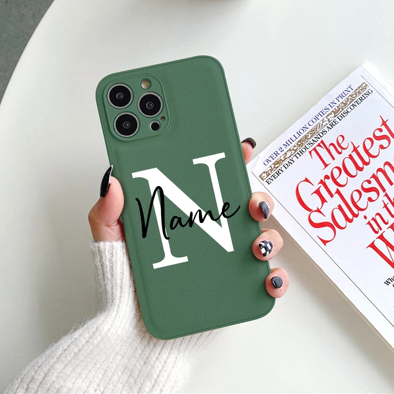thumbnail image 1 of Custom Name Case For iPhone X XR XS 15 11 13 12 Mini 14 Pro 11Pro 14Pro Max 7 8 Plus ProMax 8Plus Text Leather Color Back Cover, 1 of 5