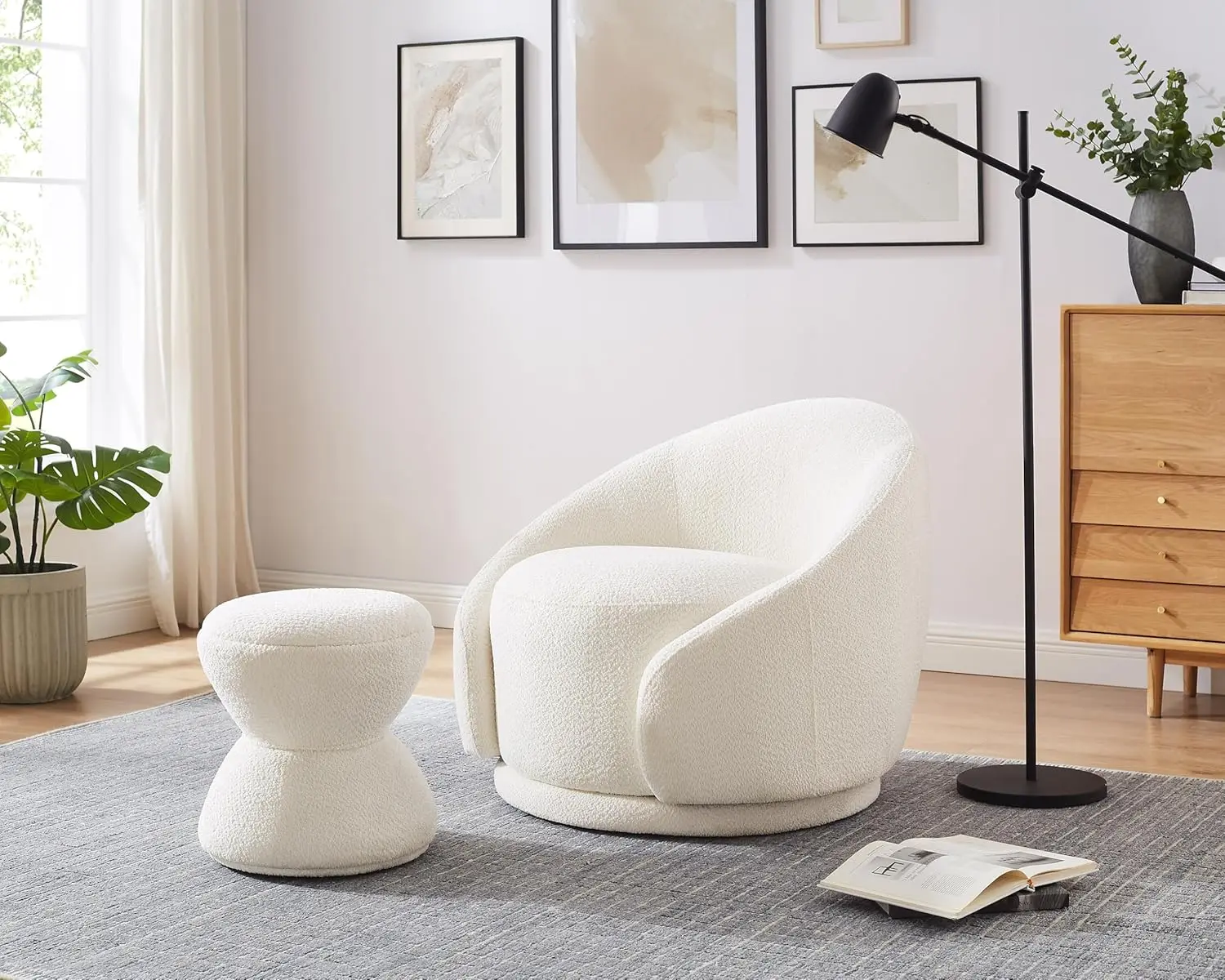 Multi-Functional Boucle Ottoman, Vanity Stool Chair, Sturdy Wooden Footstool, Suitable for Living Room, Bedroom