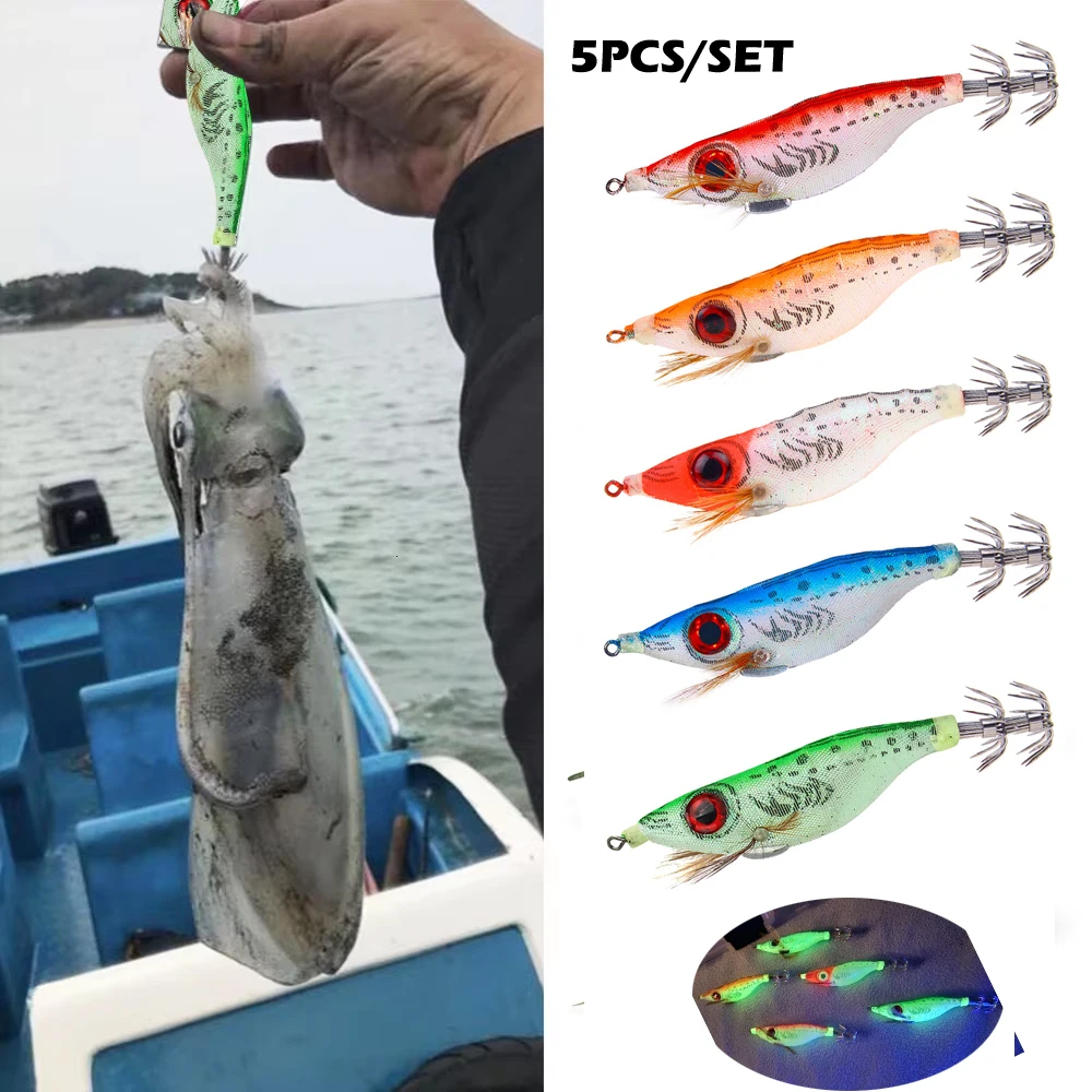 Set 5 Leurres Crevette en Bois avec Plomb et Hameçon pour Pêche au Calmar et Seiche