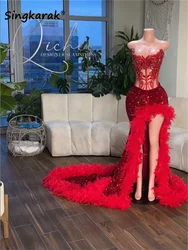 Sparkly Red Diamonds Glitter Prom Dress 2024 Bead Crystal Rhinestones Sequins Gown Feathers Wedding Birthday Party Gown