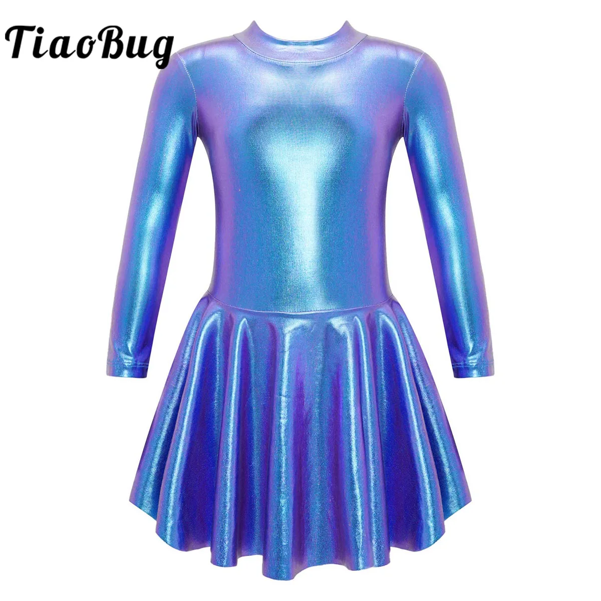 

Kids Girl Figure Ice Skating Dress Metallic Shiny Long Sleeves Gymnastic Leotard Ballet Dress Competition Performance Dance Wear