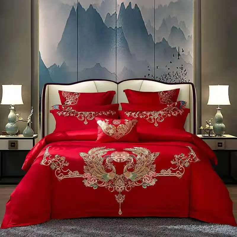 

New wedding pure cotton big red cotton embroidery wedding bed products double marriage sixty or eighty piece quilt set