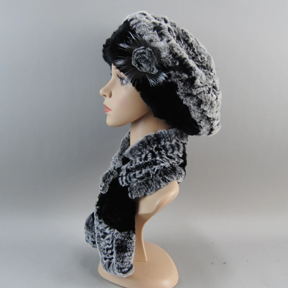 Fashion Girl Fur Cap Lady Winter Warm Real Rex Rabbit Fur Hat Scarf Suit Women 100% Real Scarf+Hat Set