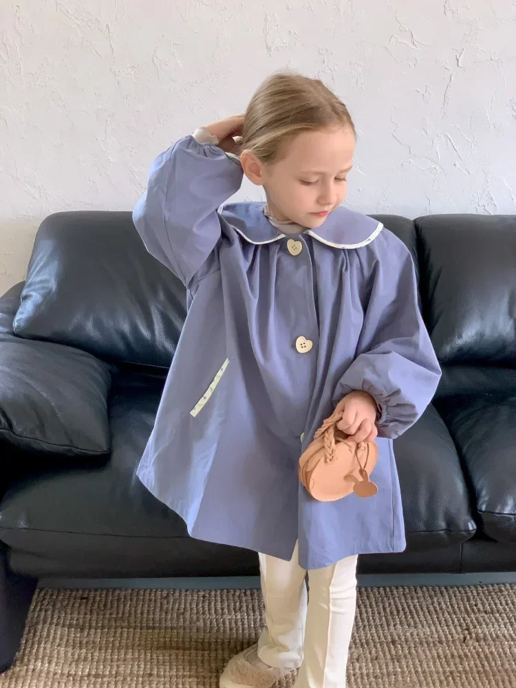 Trench Girls Autumn Coat New Children Clothing Baby Doll Collar Loose Fitting Middle Length Windbreaker Turn Down Collar