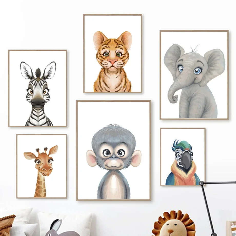 

Watercolor Animals Monkey Leopard Tiger Elephant Giraffe Zebra Canvas Posters Prints Wall Art Pictures Cute Baby Kids Room Decor