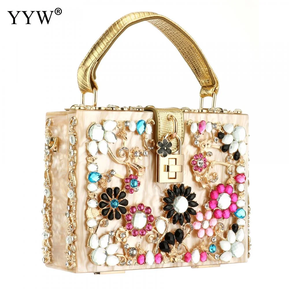 

Crystal Flowers Acrylic Handbags Luxury Diamond Evening Party Purse Women Box Clutch Totes Ballot Lock Handbag Clutch Bag