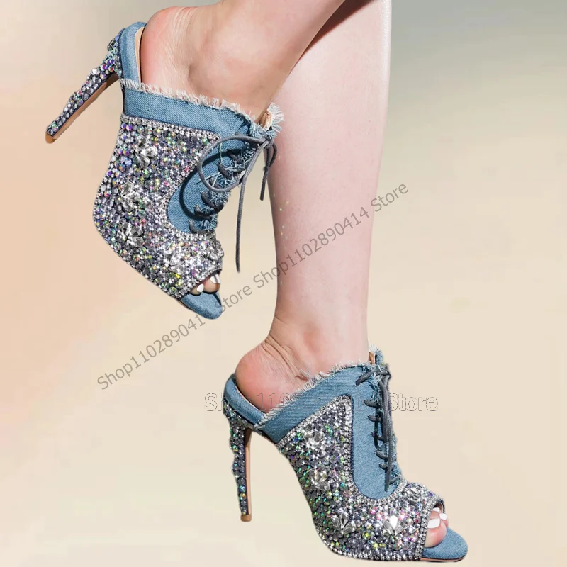 

Blue Denim Ruffles Crystal Decor Peep Toe Slippers Slip On Women Shoes Thin High Heels Fashion Banquet 2023 Zapatos Para Mujere