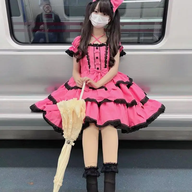 Spring Summer Harajuku Japanese Jsk Op Lolita Wedding Dress Sweet Cute Bow Elegant Ruffled Suspender Women Loose Oversized Cake
